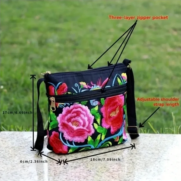 Vibrant Floral Embroidered Crossbody Bag. New! - Picture 5 of 7